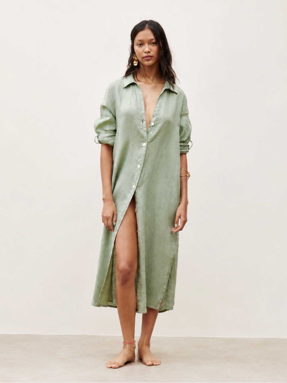 Zara 100% Linen Sage Green Button Front Midi Shirt Dress Cover Up Medium
